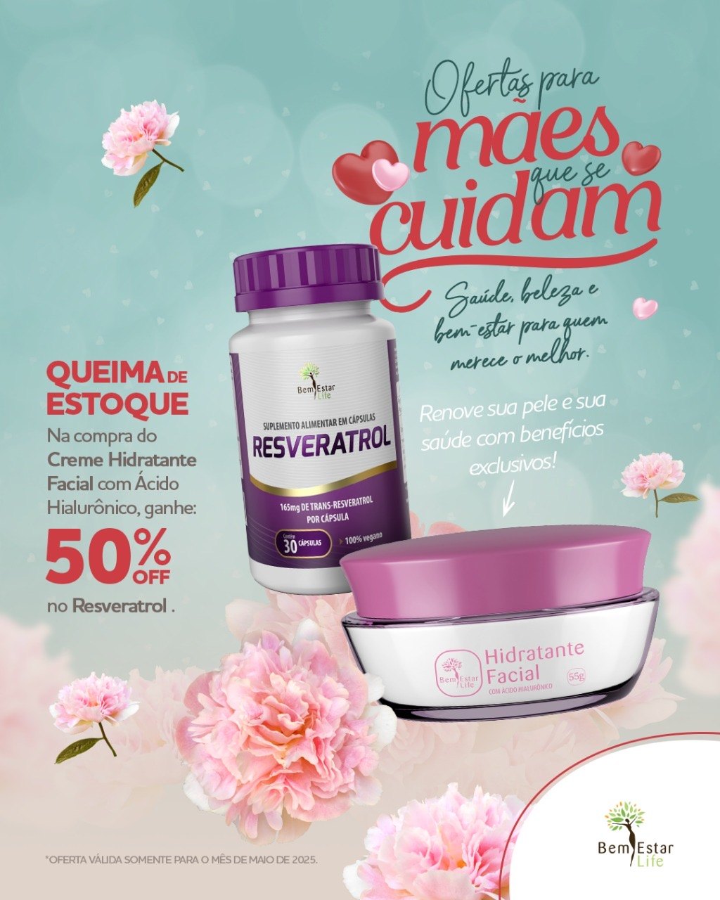 MÊS DAS MÃES NA COMPRA DE CREME FACIAL COM ACIDO HIALURONICO 60 GR. - GANHA 50% DESCONTO DO RESVERATROL 30 CAPSULAS