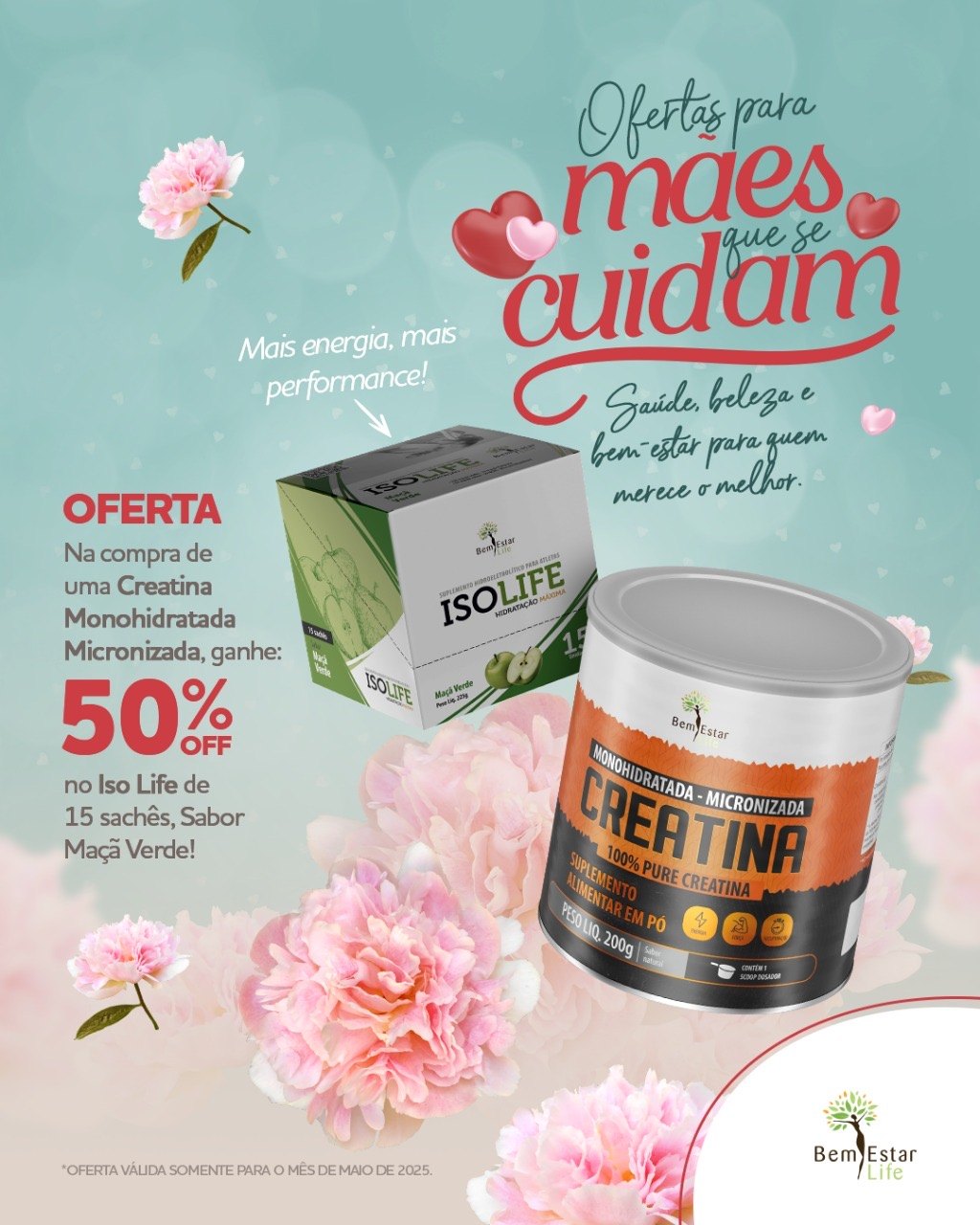 MÊS DAS MÃES NA COMPRA DE CREATINA MONOHIDRATADA MICRONIZADA - GANHA 50% DE DSCTO NO ISO LIFE 15 SACHE SABRO MAÇA VERDE